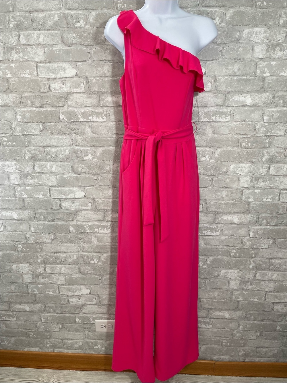 Emerald Sundae Hot Pink One-Shoulder  ruffle wide-leg jumpsuit